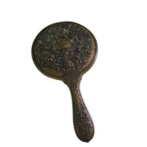 Antique Brass Art Nouveau Cherub Floral Relief Thick Beveled Mirror 9"x5"